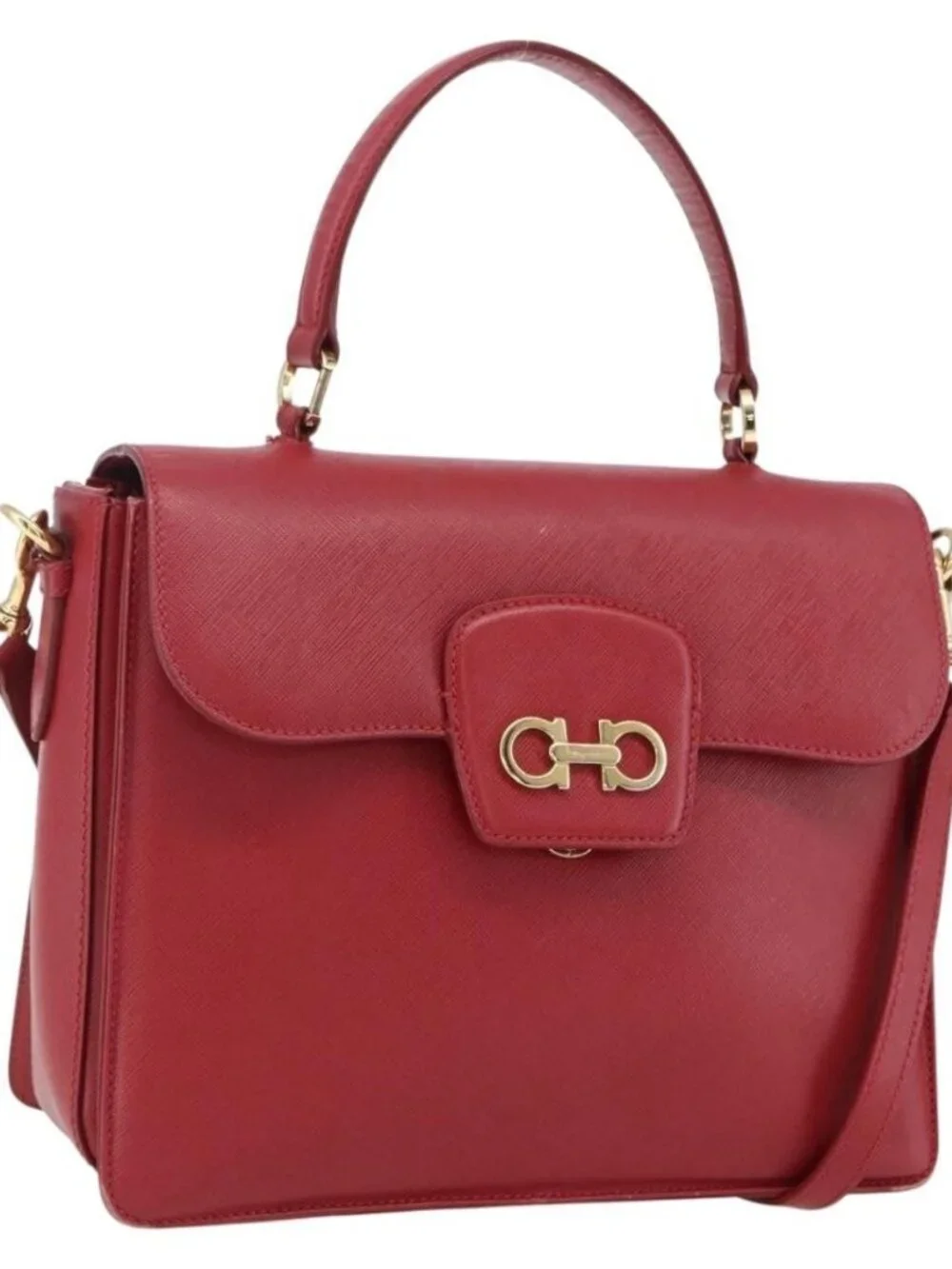 Salvatore Ferragamo Gancini Hand Bag Leather 2way Red Gold Auth 171837